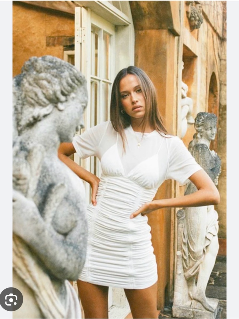 Sabo Skirt White Ruched Mini Dress with Sheer Overlay